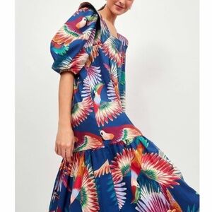 FARM Rio Blue Tropical Parrot Print Midi Dress